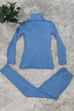 Dark Blue Fashion Casual Solid Basic Turtleneck Long Sleeve Two Pieces