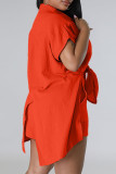 Pink Casual Solid Patchwork Buckle Slit Turndown Collar Short Sleeve Two Pieces