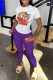 Purple Casual Character Print Letter O Neck Short Sleeve Two Pieces