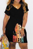 Red Casual Print Basic V Neck Short Sleeve Dress