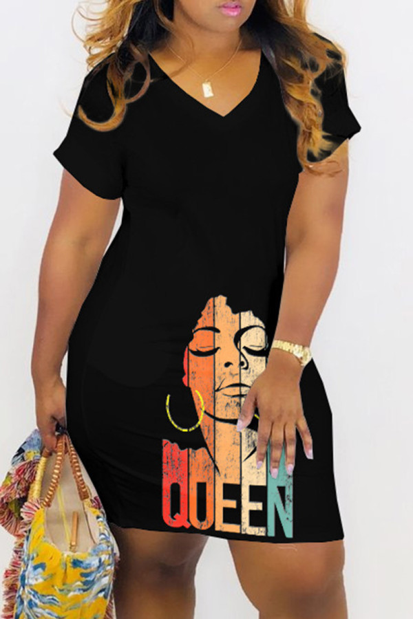 Black Casual Print Basic V Neck Short Sleeve Dress