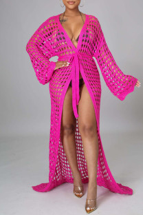 Rose Red Sexy Solid Bandage Hollowed Out Patchwork Swimwears Cover Up