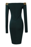 Dark Green Casual Print Patchwork V Neck Long Sleeve Dresses