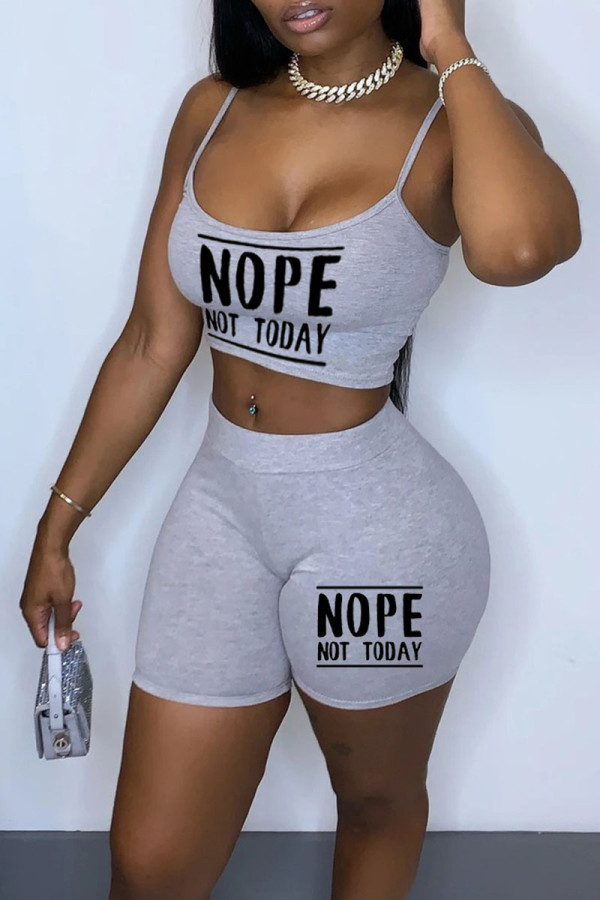 Grey Sexy Print Patchwork Spaghetti Strap Sleeveless Two Pieces