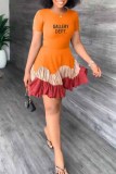 Orange Casual Print Letter O Neck Cake Skirt Dresses