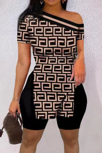 Black Casual Print Patchwork Slit Oblique Collar Short Sleeve Two Pieces