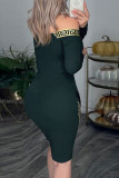 Dark Green Casual Print Patchwork V Neck Long Sleeve Dresses