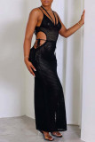 Black Sexy Solid Bandage See-through Backless Slit V Neck Long Dress Dresses