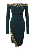 Dark Green Casual Print Patchwork V Neck Long Sleeve Dresses