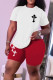 Red Casual Print Patchwork O Neck Short Sleeve Two Pieces