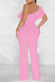Pink Casual Solid Bandage Patchwork Flounce Oblique Collar Straight Jumpsuits