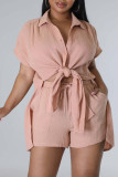 Pink Casual Solid Patchwork Buckle Slit Turndown Collar Short Sleeve Two Pieces