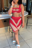 Red Sexy Solid Hollowed Out Patchwork See-through Asymmetrical Collar Two Pieces