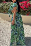 Pink Sexy Casual Print Bandage Slit V Neck Short Sleeve Two Pieces