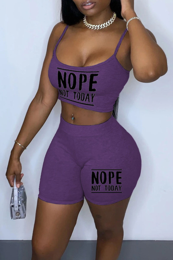 Purple Sexy Print Patchwork Spaghetti Strap Sleeveless Two Pieces