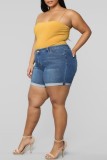 Royal Blue Casual Solid Patchwork Regular High Waist Conventional Solid Color Plus Size Denim Shorts