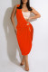 Orange Red Sexy Solid Hollowed Out Patchwork Asymmetrical Oblique Collar Straight Dresses(No Vests)