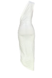 Orange Red Sexy Solid Hollowed Out Patchwork Asymmetrical Oblique Collar Straight Dresses(No Vests)