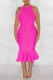 Rose Red Elegant Solid Patchwork Backless Flounce Halter Trumpet Mermaid Dresses