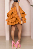 Tangerine Red Celebrities Solid Patchwork Flounce Spaghetti Strap Cake Skirt Dresses