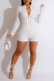 White Casual Solid Patchwork Zipper Collar Regular Rompers