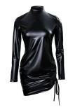 Black Casual Solid Basic Mandarin Collar Long Sleeve Dresses
