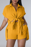 Pink Casual Solid Patchwork Buckle Slit Turndown Collar Short Sleeve Two Pieces