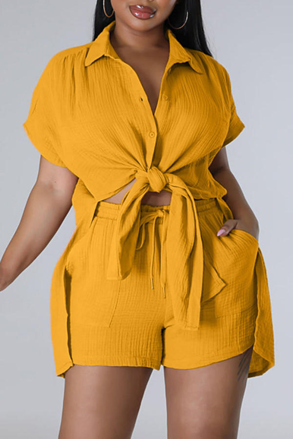 Yellow Casual Solid Patchwork Buckle Slit Turndown Collar Short Sleeve Two Pieces
