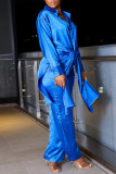 Red Casual Patchwork Buckle Slit Turndown Collar Long Sleeve Two Pieces