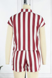 Burgundy Casual Striped Print Basic Shirt Collar Short Sleeve Two Pieces