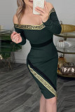 Dark Green Casual Print Patchwork V Neck Long Sleeve Dresses