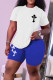 Blue Casual Print Patchwork O Neck Short Sleeve Two Pieces
