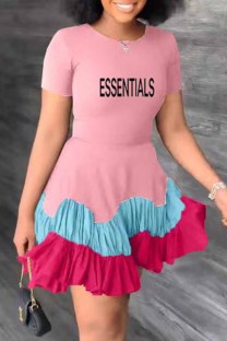 Pink Casual Print Letter O Neck Cake Skirt Dresses