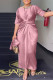 Pink Casual Elegant Solid Bandage Patchwork Oblique Collar Half Sleeve Two Pieces