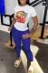 Blue Casual Character Print Letter O Neck Short Sleeve Two Pieces