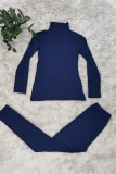 Dark Blue Fashion Casual Solid Basic Turtleneck Long Sleeve Two Pieces