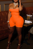 Orange Sexy Solid Hollowed Out Strapless Skinny Rompers