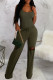 Army Green Casual Solid Ripped Patchwork U Neck Sleeveless Two Pieces