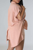 Pink Casual Solid Patchwork Buckle Slit Turndown Collar Short Sleeve Two Pieces
