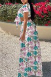 Pink Sexy Casual Print Bandage Slit V Neck Short Sleeve Two Pieces