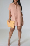 Pink Casual Solid Patchwork Buckle Slit Turndown Collar Short Sleeve Two Pieces