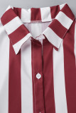 Burgundy Casual Striped Print Basic Shirt Collar Short Sleeve Two Pieces