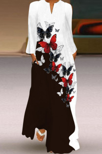 White Red Casual Print Basic V Neck Long Sleeve Dresses