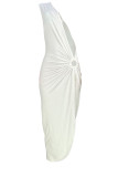 Orange Red Sexy Solid Hollowed Out Patchwork Asymmetrical Oblique Collar Straight Dresses(No Vests)
