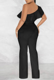 Pink Casual Solid Bandage Patchwork Flounce Oblique Collar Straight Jumpsuits