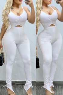 White Casual Sportswear Solid Patchwork Fold Spaghetti Strap Sleeveless Two Pieces