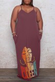 Brown Sexy Casual Print Backless Spaghetti Strap Long Dress Plus Size Dresses