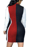 Red Fashion Sexy Solid Patchwork O Neck Long Sleeve Mini Pencil Skirt Dresses