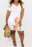 Red Casual Print Basic V Neck Short Sleeve Dress