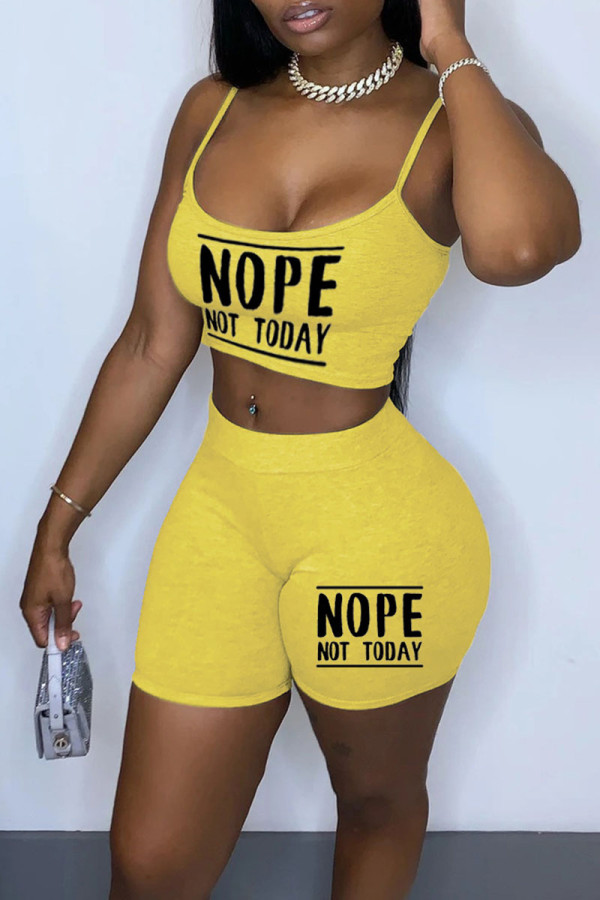 Yellow Sexy Print Patchwork Spaghetti Strap Sleeveless Two Pieces